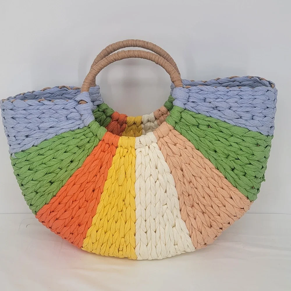 Rainbow Striped Chunky Woven Paper Straw Tote Bag Colorful Summer Handbag